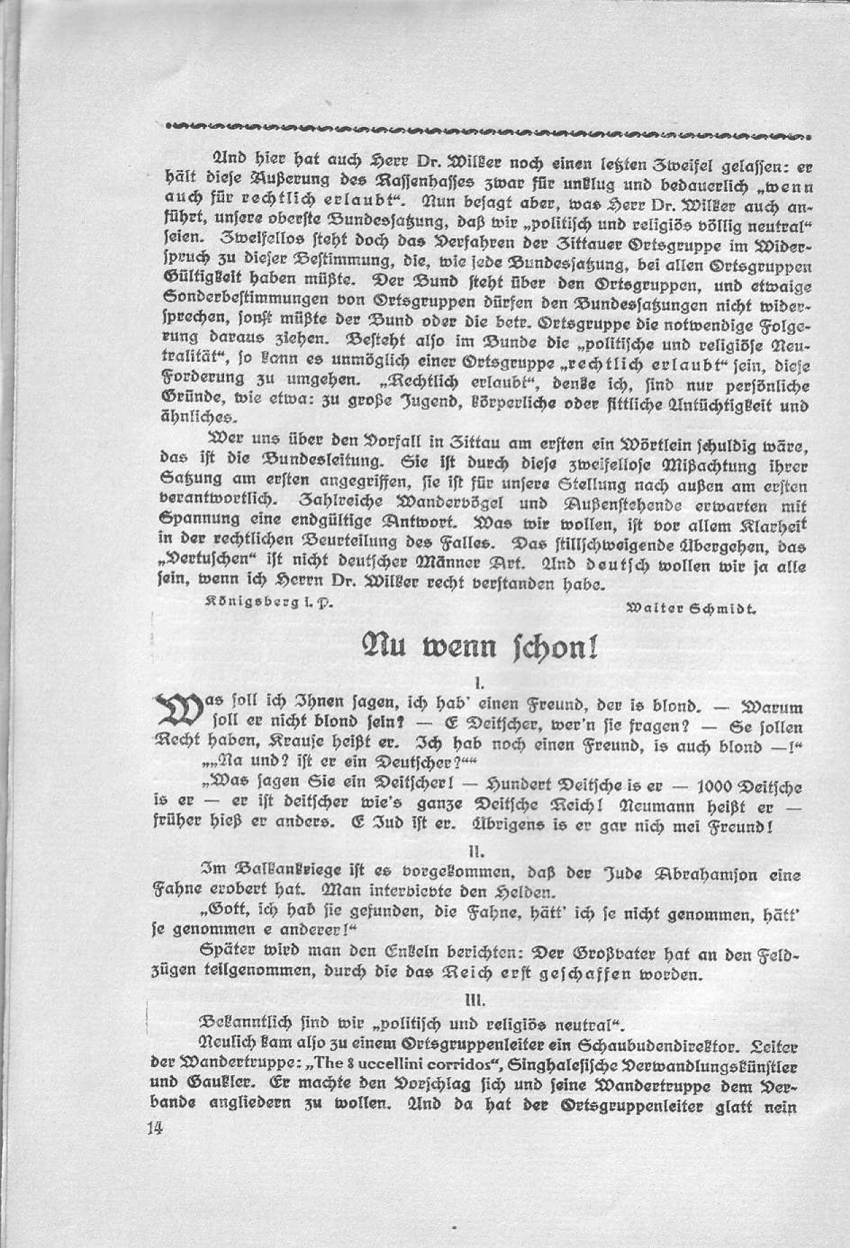 Artikel "Die Juden in deutschen Bewegungen" in: "Deutsch oder national! Beiträge des Wandervogels zur Rassenfrage."
Herausgegeben von Friedrich Wilhelm Fulda, 1914