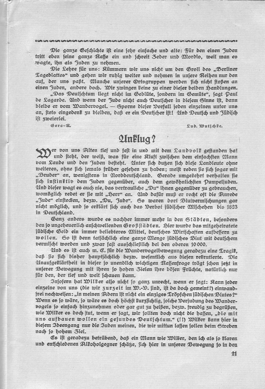 Artikel "Unklug?" von R. Boeck. In: "Deutsch oder national! Beiträge des Wandervogels zur Rassenfrage", herausgegeben von Friedrich Wilhelm Fulda, Leipzig 1914