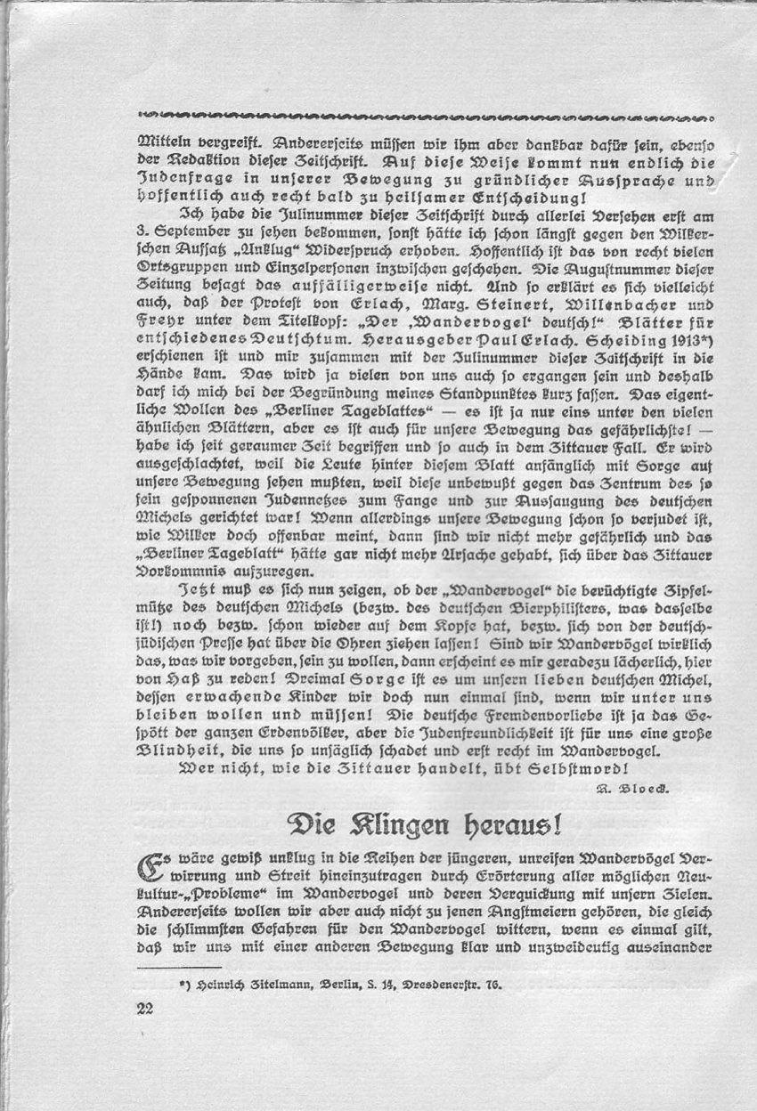 Artikel "Unklug?" von R. Boeck. In: "Deutsch oder national! Beiträge des Wandervogels zur Rassenfrage", herausgegeben von Friedrich Wilhelm Fulda, Leipzig 1914