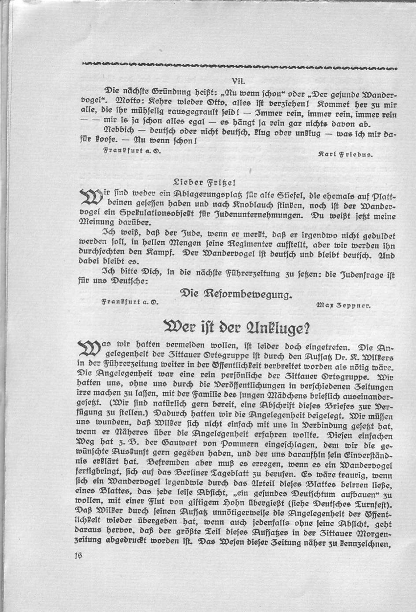 Artikel "Wer ist der Unkluge?" In: "Deutsch oder national! Beiträge des Wandervogels zur Rassenfrage", herausgegeben von Friedrich Wilhelm Fulda, Leipzig 1914
