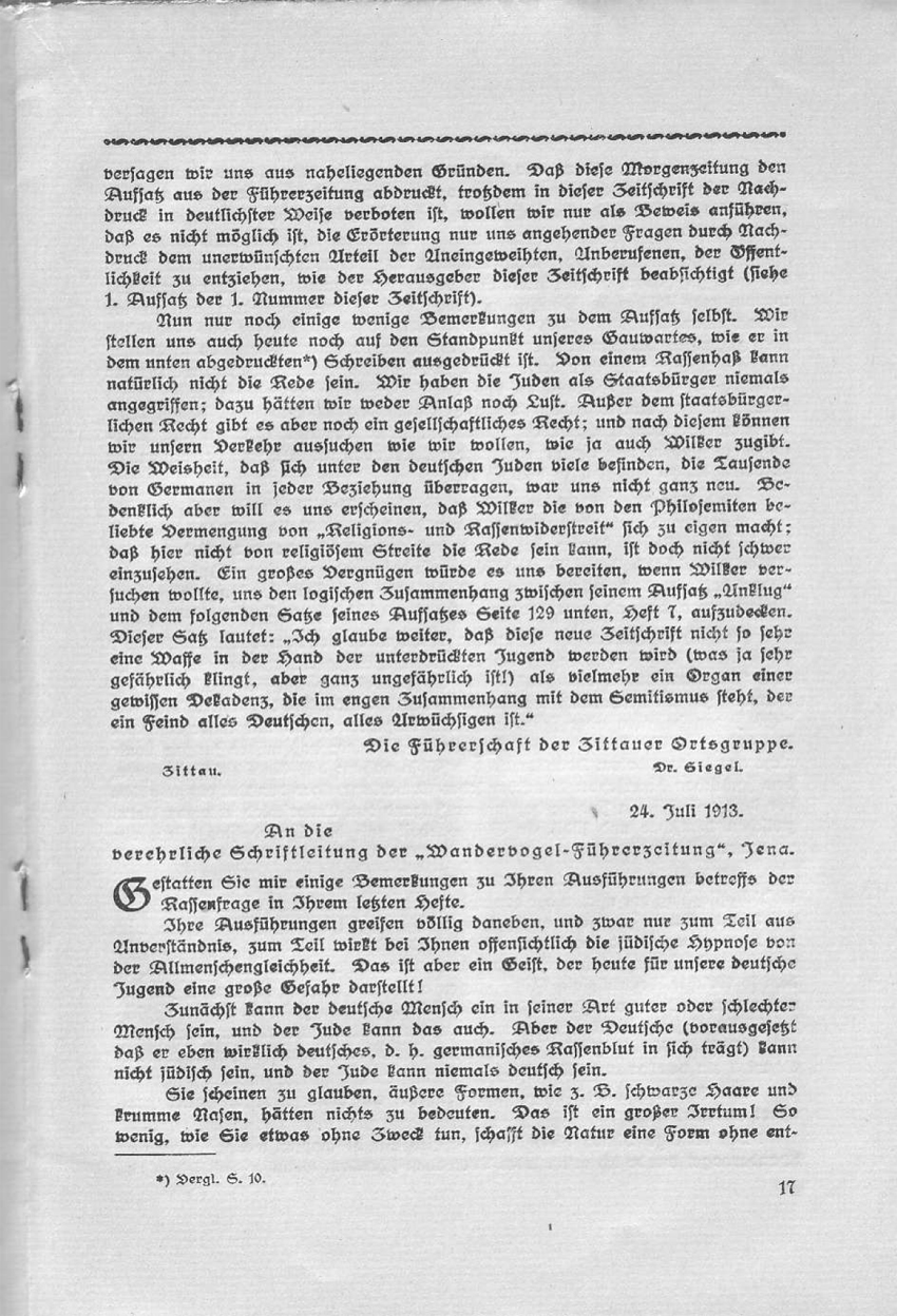Artikel "Wer ist der Unkluge?" In: "Deutsch oder national! Beiträge des Wandervogels zur Rassenfrage", herausgegeben von Friedrich Wilhelm Fulda, Leipzig 1914