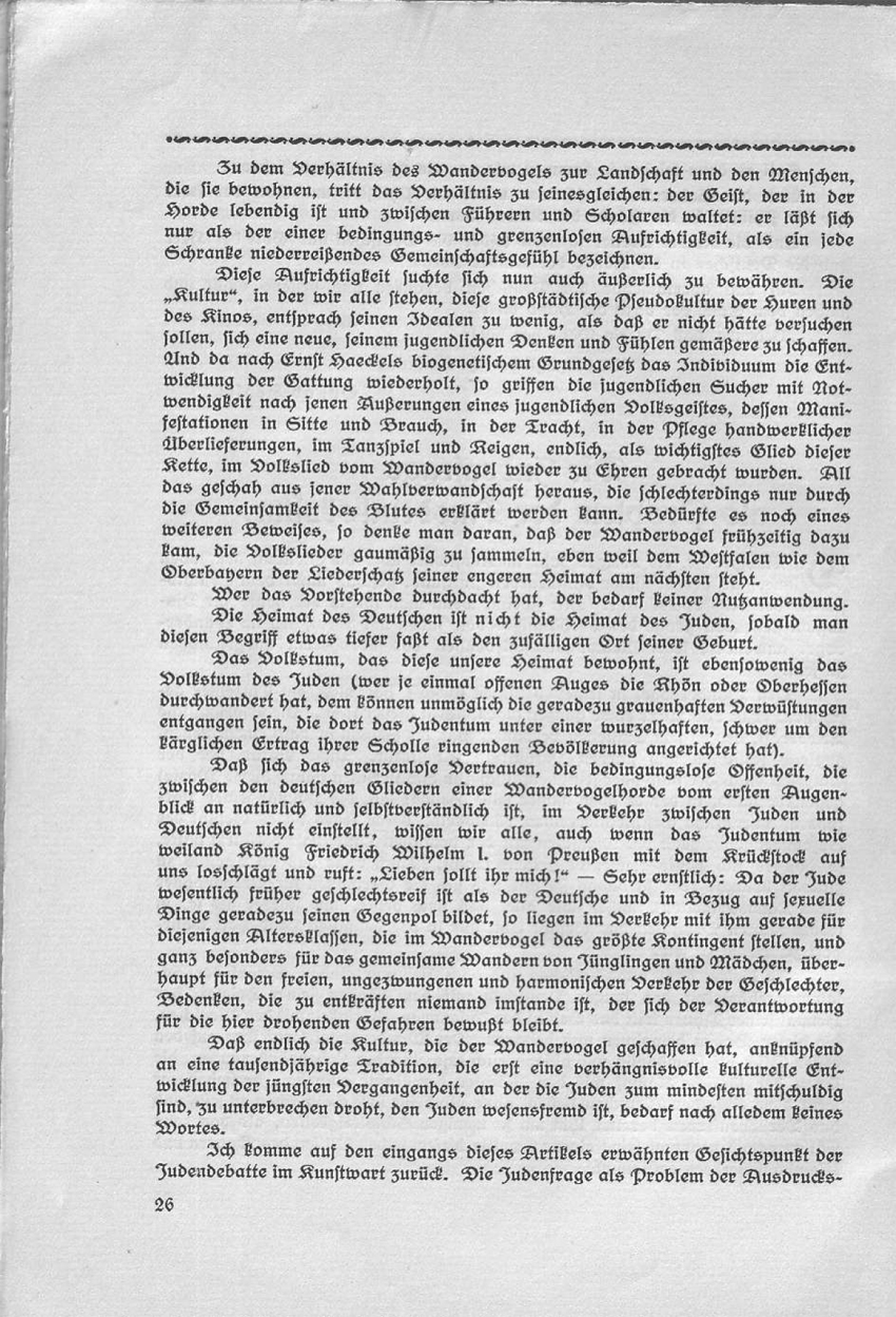 Artikel "Die Judenfrage als Problem der Ausdruckskultur" in: "Deutsch oder national! Beiträge des Wandervogels zur Rassenfrage", herausgegeben von Friedrich Wilhelm Fulda, Leipzig 1914
