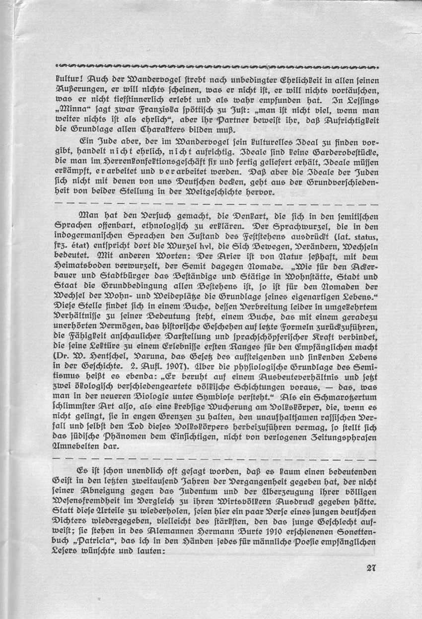 Artikel "Die Judenfrage als Problem der Ausdruckskultur" in: "Deutsch oder national! Beiträge des Wandervogels zur Rassenfrage", herausgegeben von Friedrich Wilhelm Fulda, Leipzig 1914
