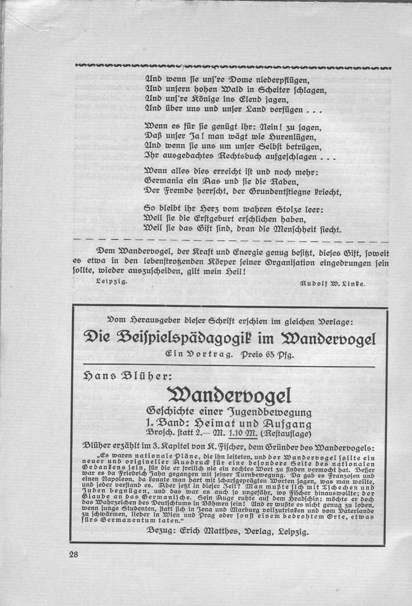 Artikel "Die Judenfrage als Problem der Ausdruckskultur" in: "Deutsch oder national! Beiträge des Wandervogels zur Rassenfrage", herausgegeben von Friedrich Wilhelm Fulda, Leipzig 1914