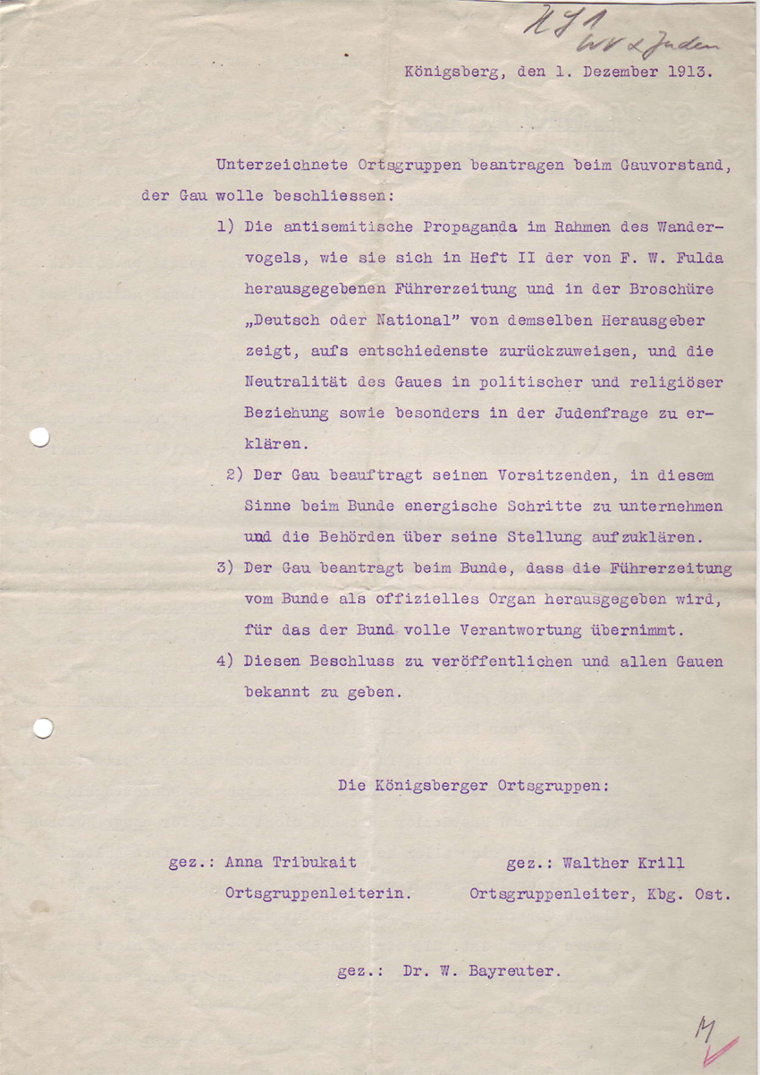 Stellungnahmen des Königsberger Wandervogels, Dezember 1913