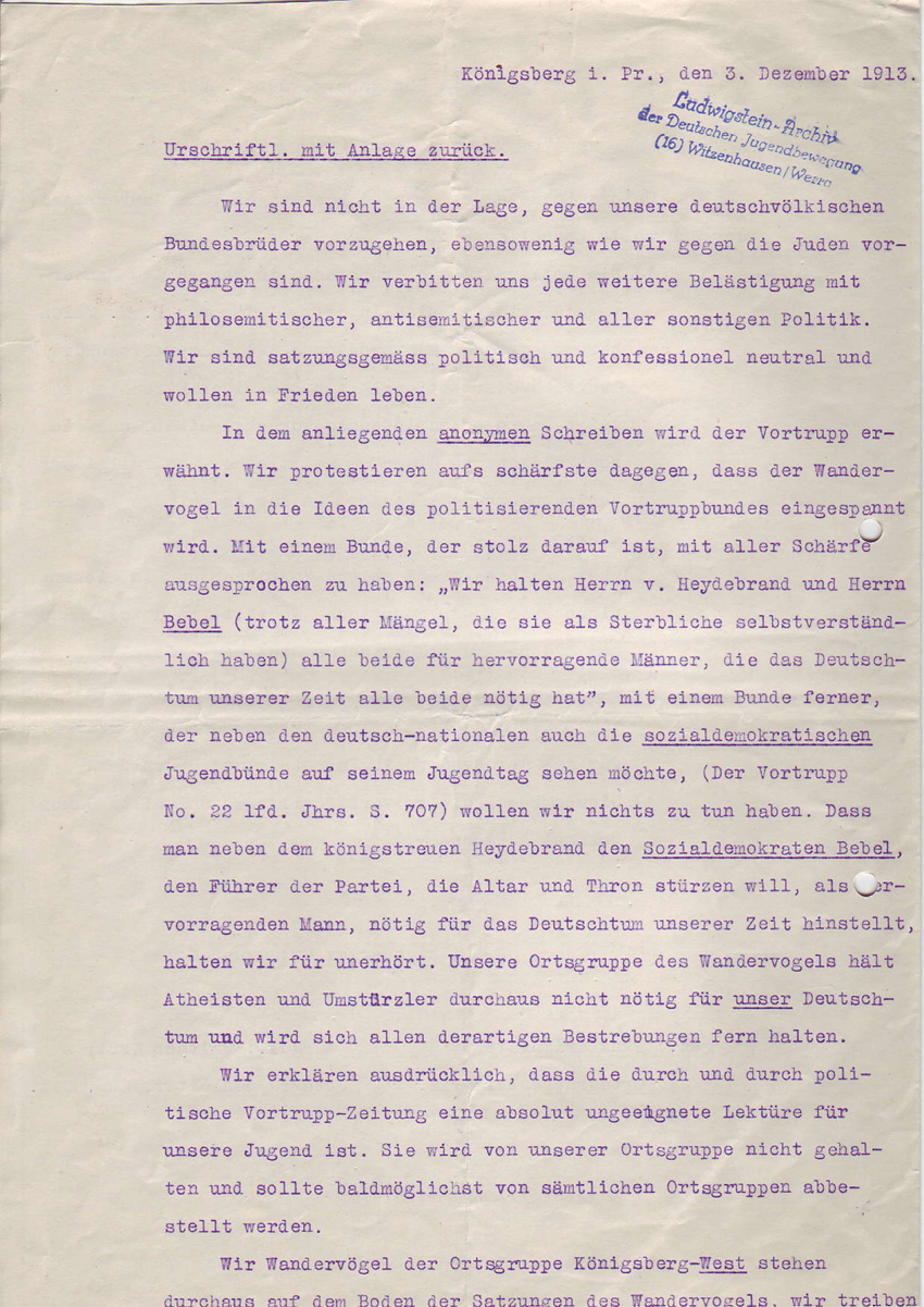 Stellungnahmen des Königsberger Wandervogels, Dezember 1913