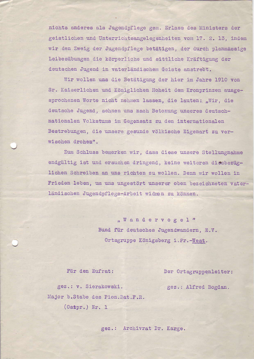 Stellungnahmen des Königsberger Wandervogels, Dezember 1913
