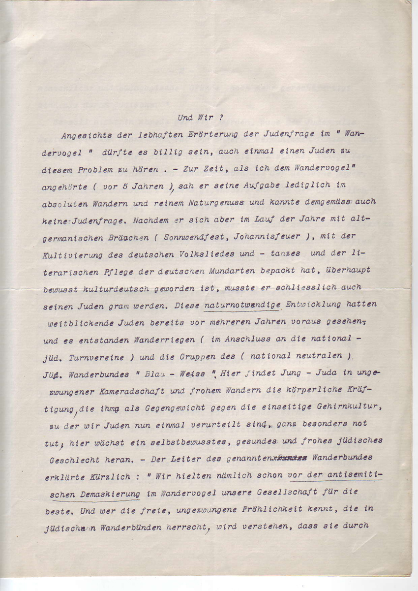 "Und wir?" Stellungnahme des jüdischen Wandervogel-Mitgliedes Moritz Danziger, 1914