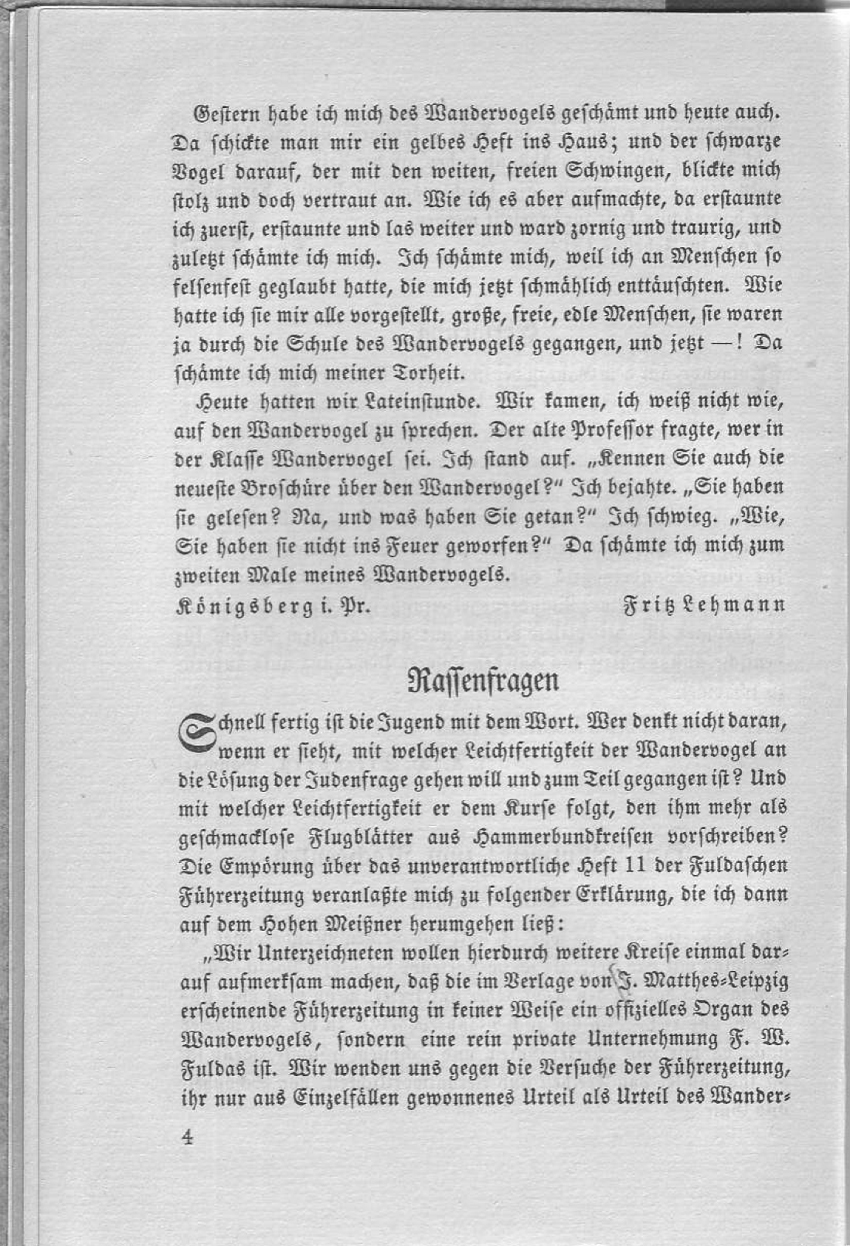 Artikel "Rassefragen" aus: "Die Pachantei. Meinungsaustausch der Wandervögel", Heft 1/1914
