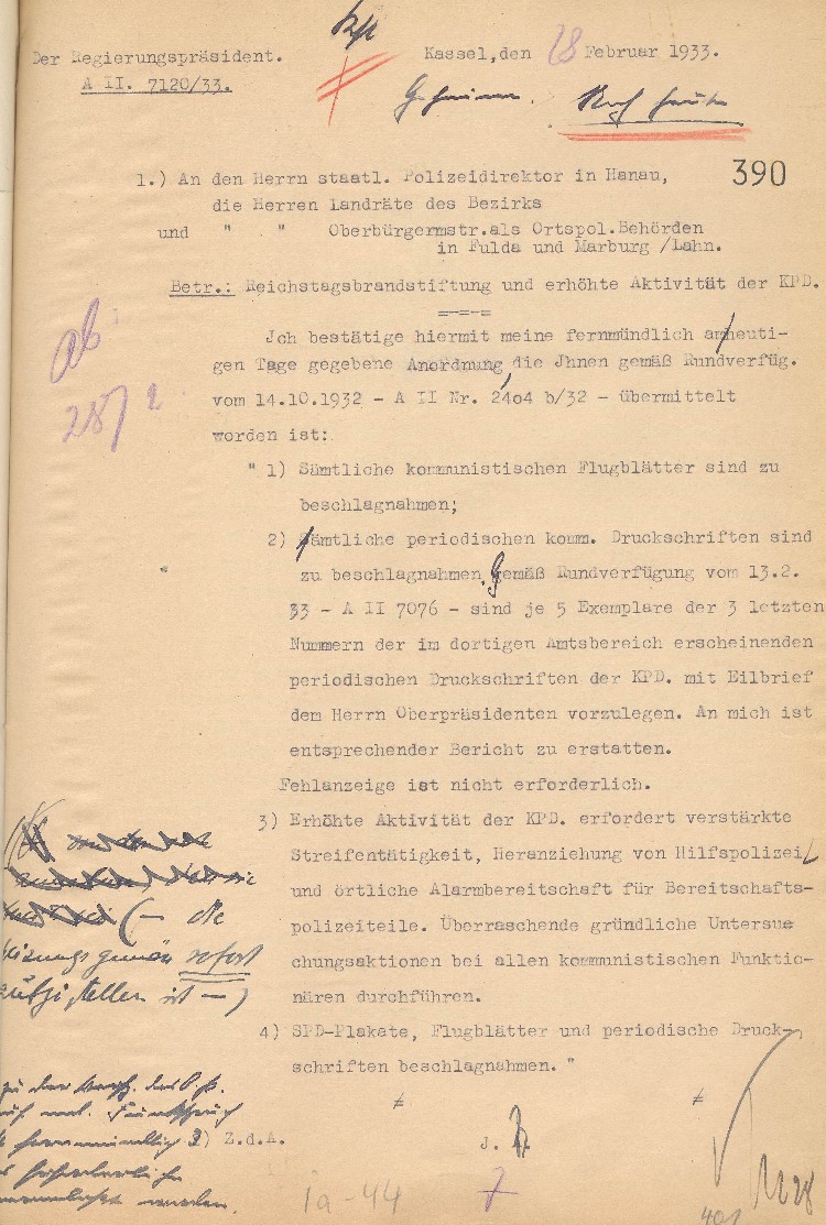 Mitteilung an die Landräte, Oberbürgermeister und Polizeibehörden Hanau, Fulda und Marburg betr. „Reichstagsbrandstiftung und erhöhte Aktivität der KPD“ (G e h e i m !) [Entwurfsfassung]