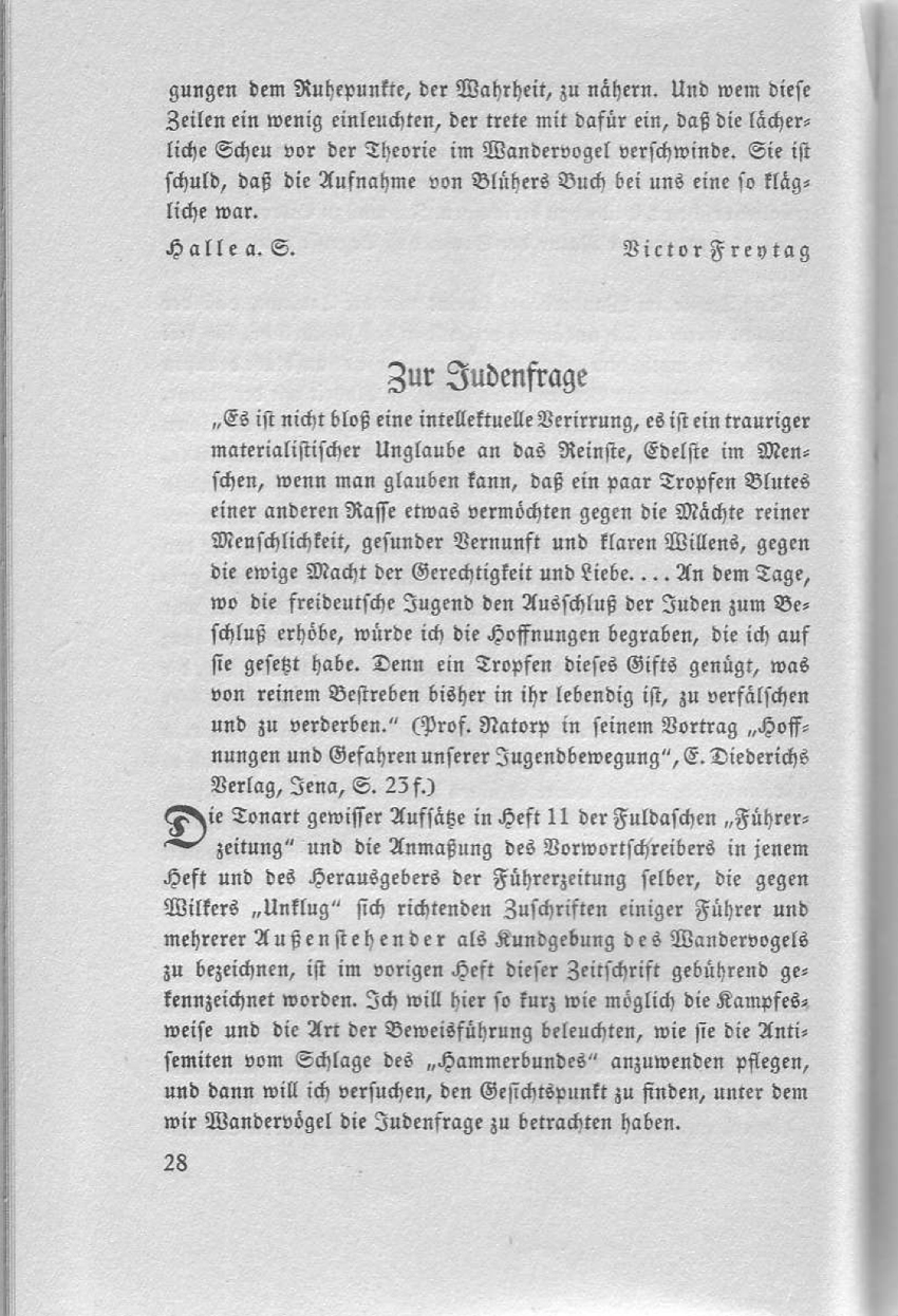 Artikel "Zur Judenfrage" aus: "Die Pachantei. Meinungsaustausch der Wandervögel", Heft 2/1914
