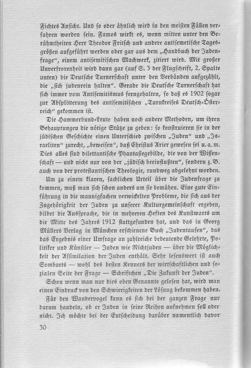 Artikel "Zur Judenfrage" aus: "Die Pachantei. Meinungsaustausch der Wandervögel", Heft 2/1914