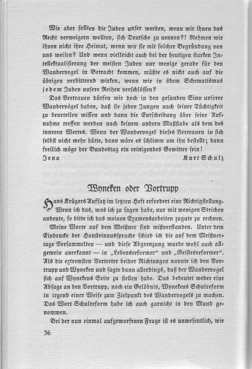 Artikel "Zur Judenfrage" aus: "Die Pachantei. Meinungsaustausch der Wandervögel", Heft 2/1914