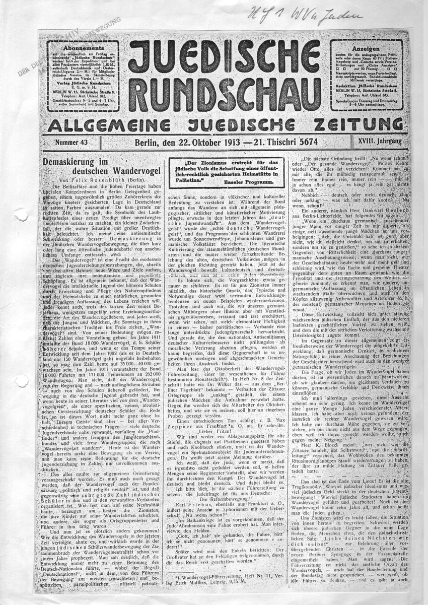 Artikel "Demaskierung im Wandervogel" aus: "Jüdische Rundschau" Nr. 43 vom 22.10.1913