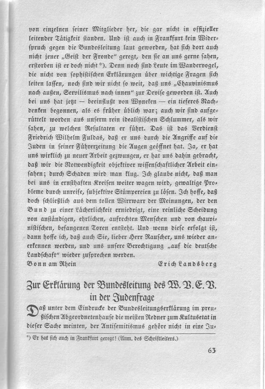 Artikel "Zur Erklärung der Bundesleitung des W.V.e.V. in der Judenfrage" aus: "Die Pachantei. Meinungsaustausch der Wandervögel", Heft 3/1914