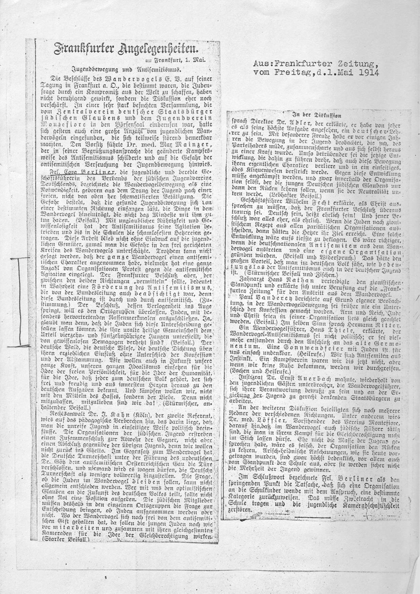 Artikel "Frankfurter Angelegenheiten. Jugendbewegung und Antisemitismus" aus: "Frankfurter Zeitung", 1. Mai 1914