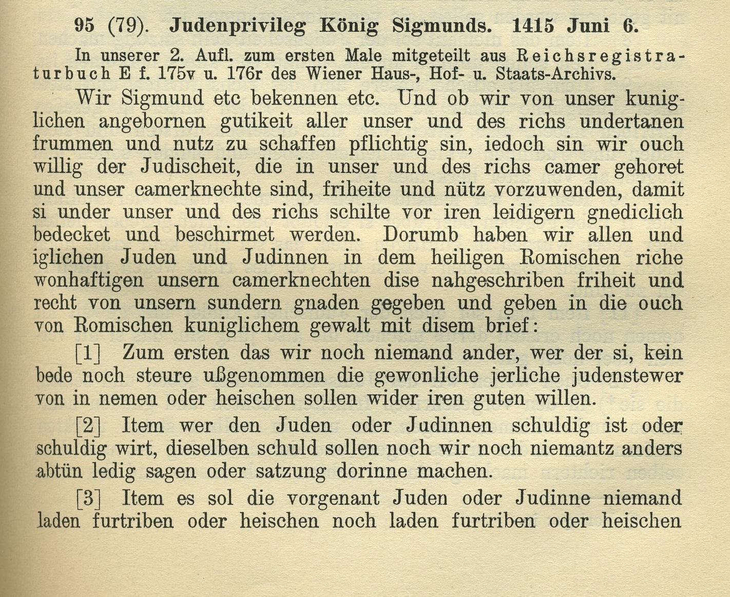 Judenprivileg König Sigismunds, 6. Juni 1415