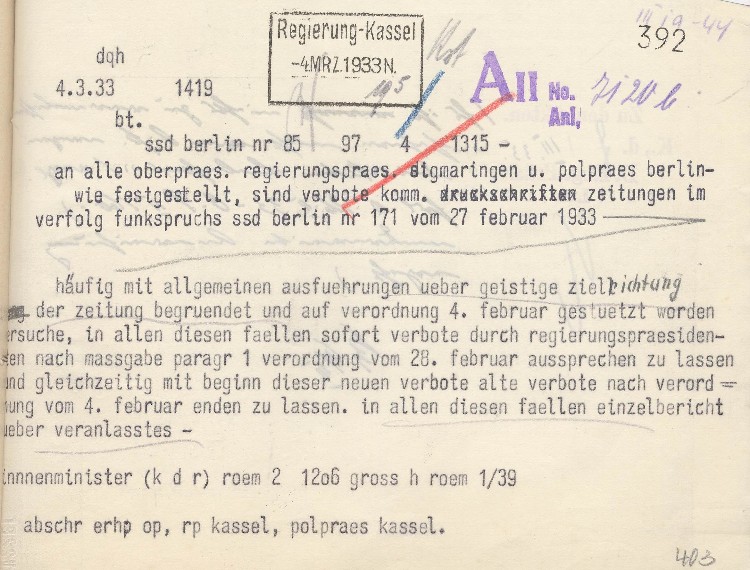 Funkspruch SSD Berlin betreffend Funkspruch Nr. 171 vom 27.02.1933