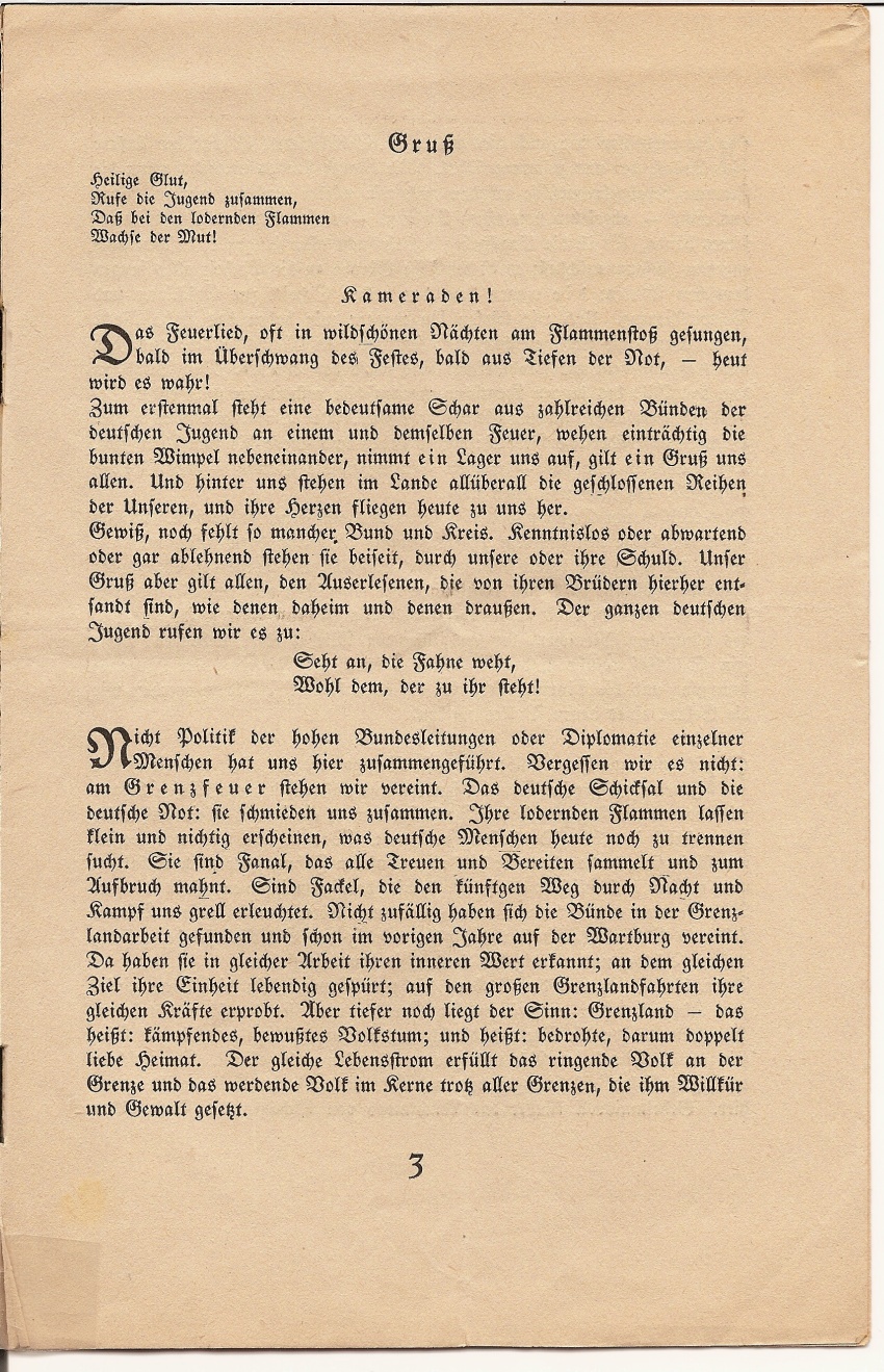 Einladung und Programm für das Grenzfeuer der vereinigten deutschen Jugendbünde im Fichtelgebirge am 3. u. 4. Erntings [August]1923