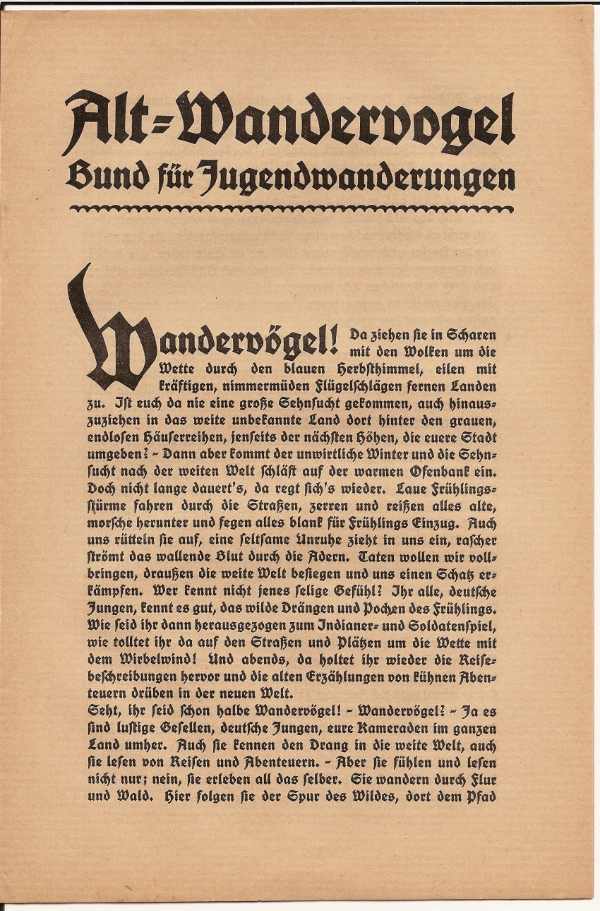Werbeblatt des Alt-Wandervogel, Bund für Jugendwanderungen, um 1911