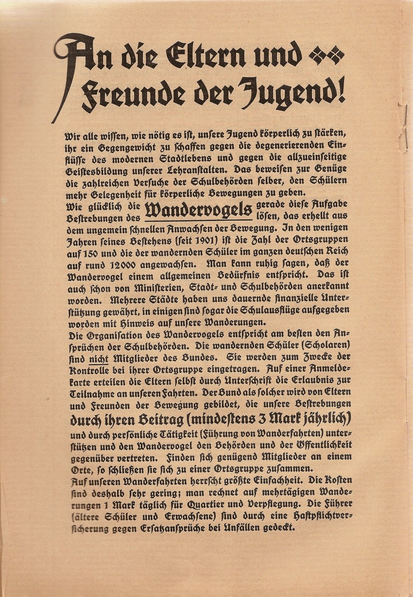 Werbeblatt des Alt-Wandervogel, Bund für Jugendwanderungen, um 1911