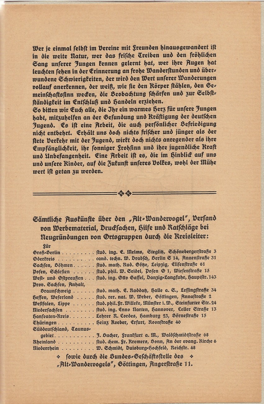 Werbeblatt des Alt-Wandervogel, Bund für Jugendwanderungen, um 1911