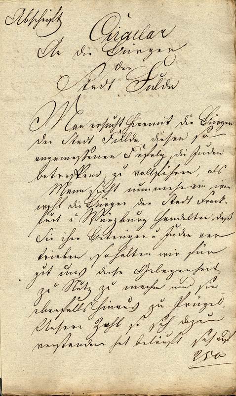 Anonymes Rundschreiben aus dem Jahr 1819 an die Bürger der Stadt Fulda, das die Bürger der Stadt auffordert, die Juden aus Fulda zu vertreiben.