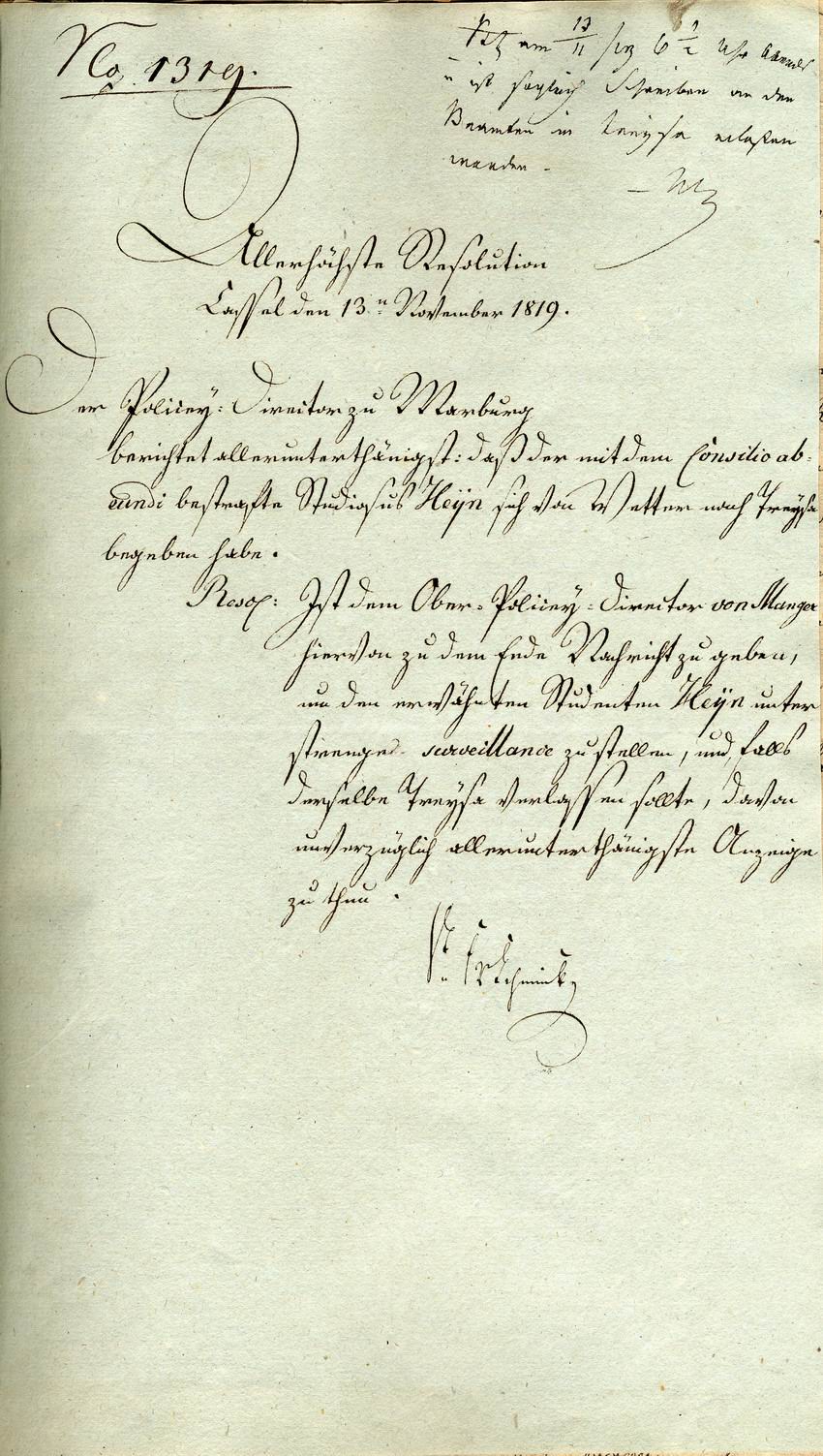 Resolution der kurfürstlichen Regierung in Kassel zur Überwachung des nach Treysa umgezogenen Studenten Heyn, 13. November 1819