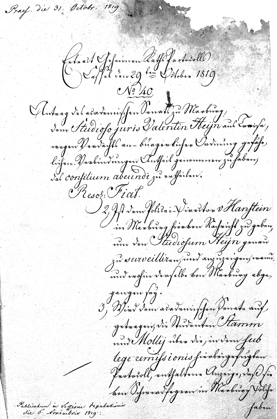 Extrakt aus dem Geheimen Ratsprotokoll über die Erteilung des consilii abeundi an den Studenten Heyn, 29. Oktober 1819.