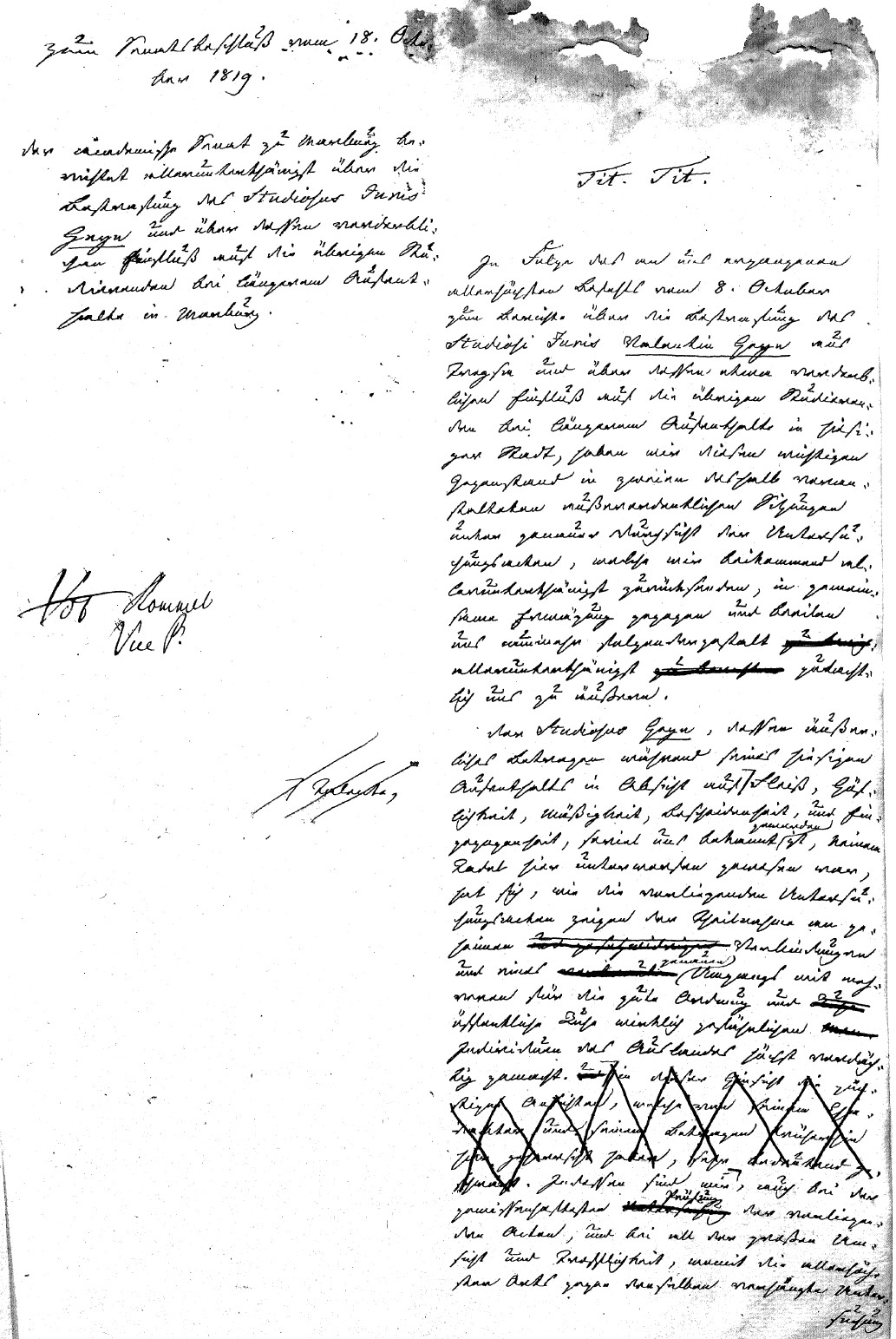 Beschluss des Senats der Universität Marburg, den Studenten Heyn der Universität zu verweisen, 18. Oktober 1819.