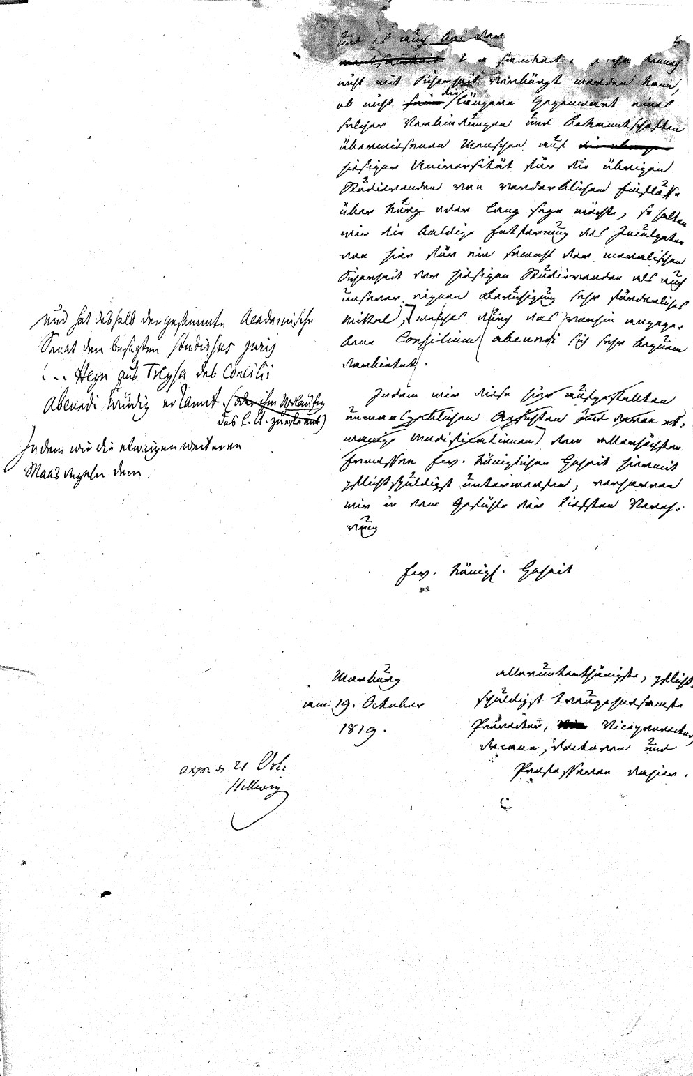 Beschluss des Senats der Universität Marburg, den Studenten Heyn der Universität zu verweisen, 18. Oktober 1819.