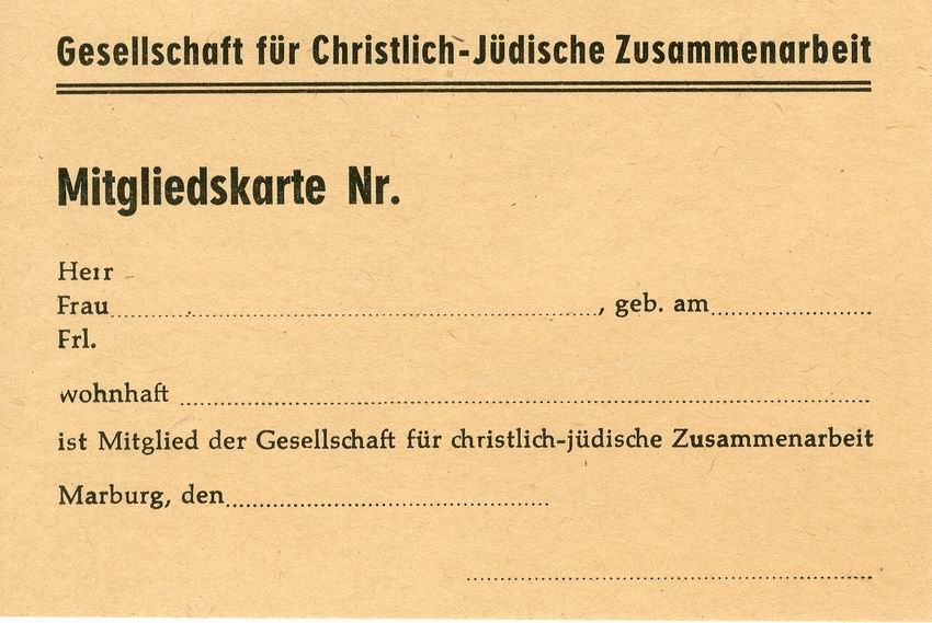 Mitgliedskarte der Gesellschaft für christlich-jüdische Zusammenarbeit