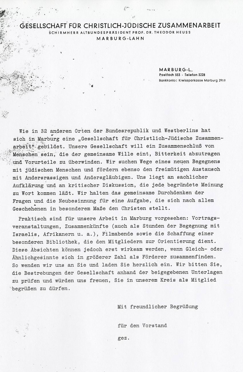Gründungsaufruf der Marburger Sektion der Gesellschaft für Christlich-Jüdische Zusammenarbeit