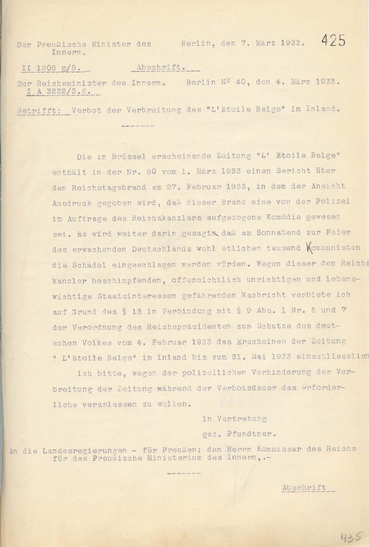 Verbot der Verbreitung des „L’Etoile Belge“, Brüssel, im Inland