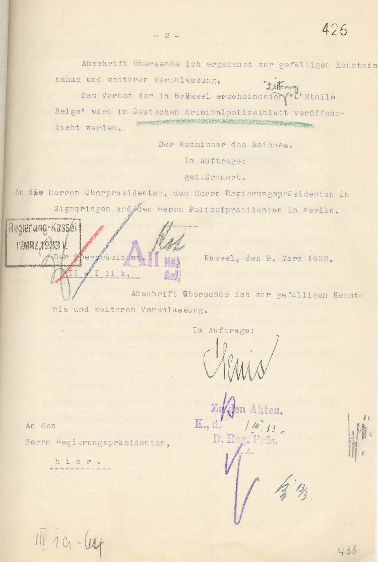 Verbot der Verbreitung des „L’Etoile Belge“, Brüssel, im Inland