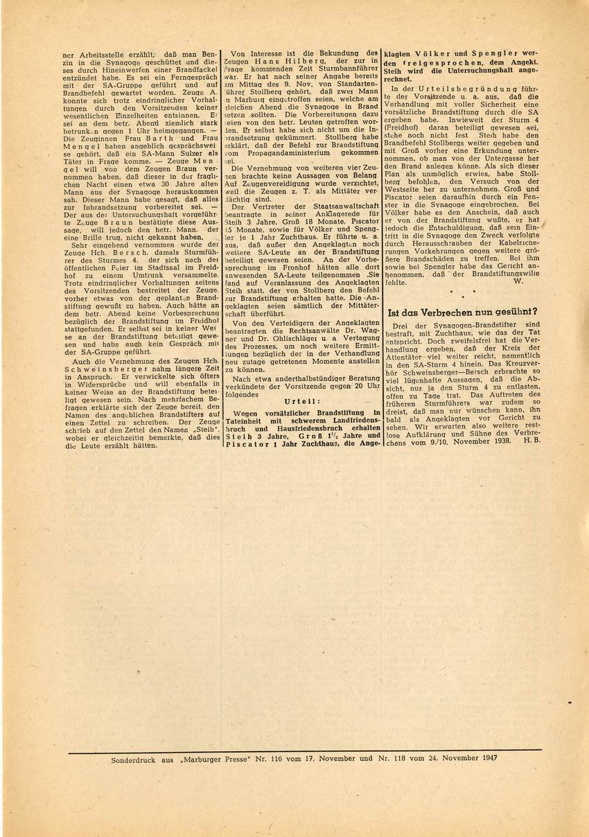 Sonderdruck der Marburger Presse: Bericht zum Synagogenbrandprozess 1947