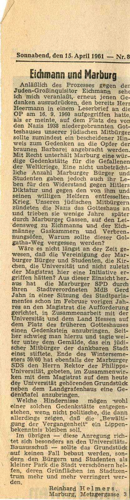 Leserbrief aus der Oberhessischen Presse über fehlendes Gedenken in Marburg 1961
