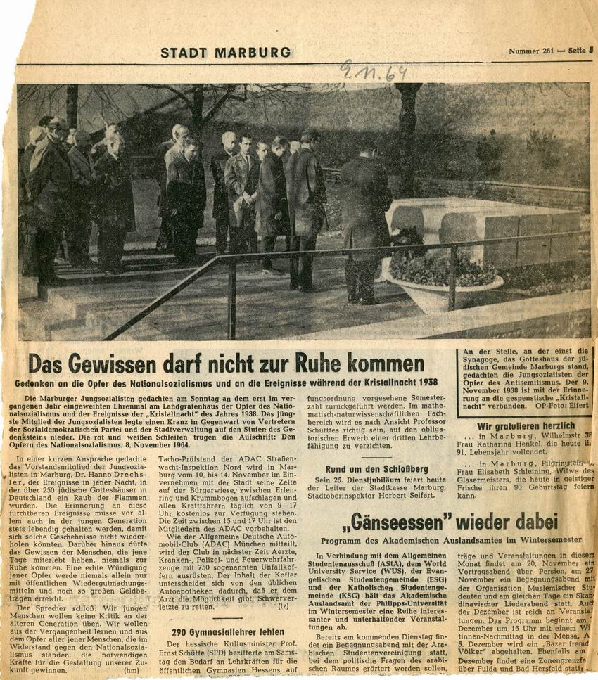 Bericht der Oberhessischen Presse über die erste Gedenkveranstaltung am Mahnmal für die ehemalige jüdische Synagoge am 9. November 1964
