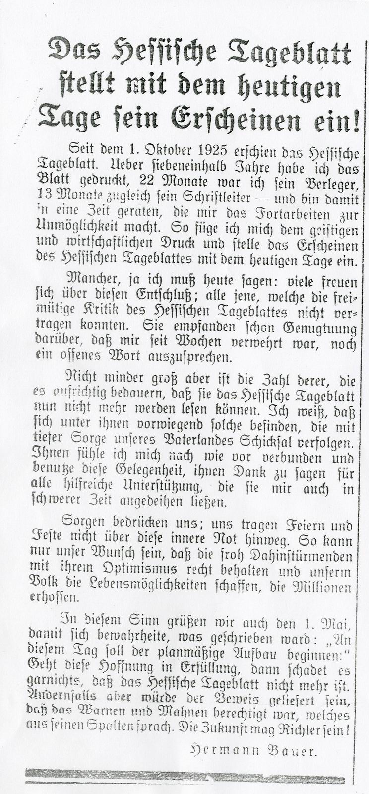 Das Ende des Hessischen Tageblatts am 29. April 1933
