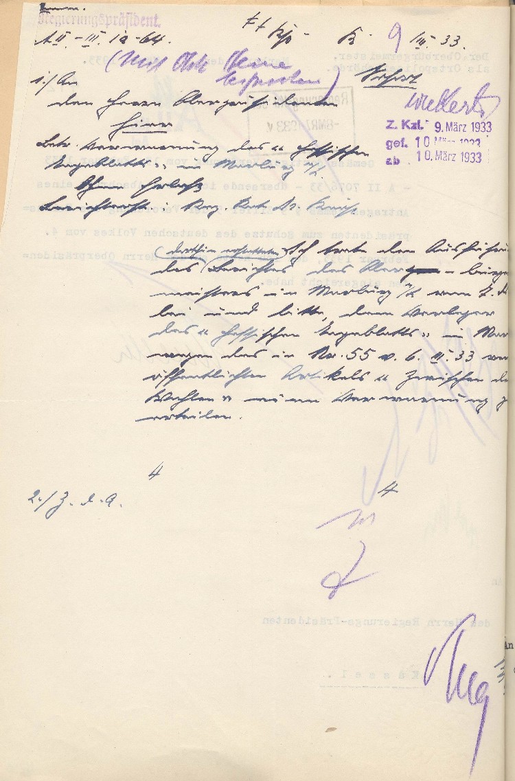 Mitteilung an Oberpräsidenten in Kassel betr. Hessisches Tageblatt Nr. 55 vom 6. März 1933 „Zwischen den Wahlen“