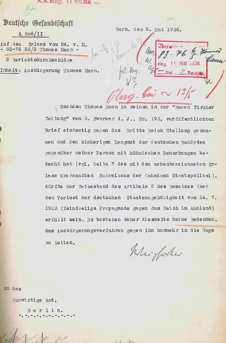 Ernst v. Weizsäcker  an das Auswärtige Amt Berlin betr. Ausbürgerung von Thomas Mann, Bern, 6. Mai 1936