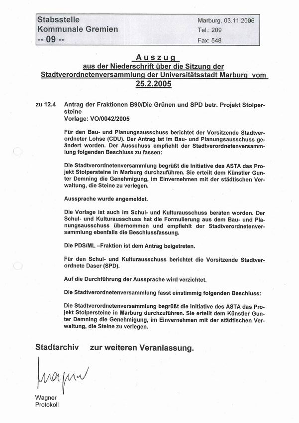 Auszug aus der Niederschrift über die Sitzung der Stadtverordnetenversammlung der Universitätsstadt Marburg vom 25.2.2005