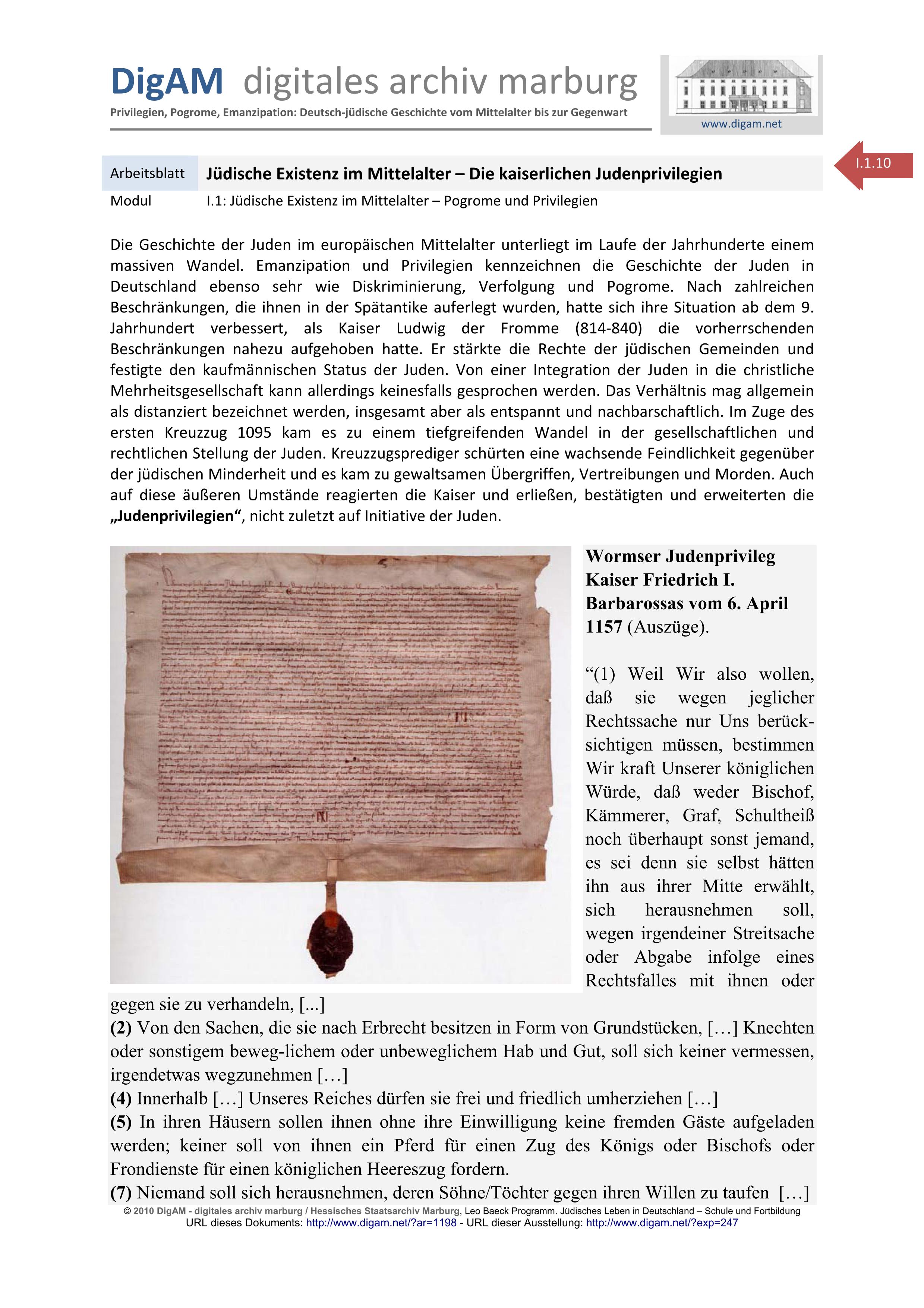 Arbeitsblatt: Wormser Judenprivileg Kaiser Friedrich I. Barbarossas von 1157
