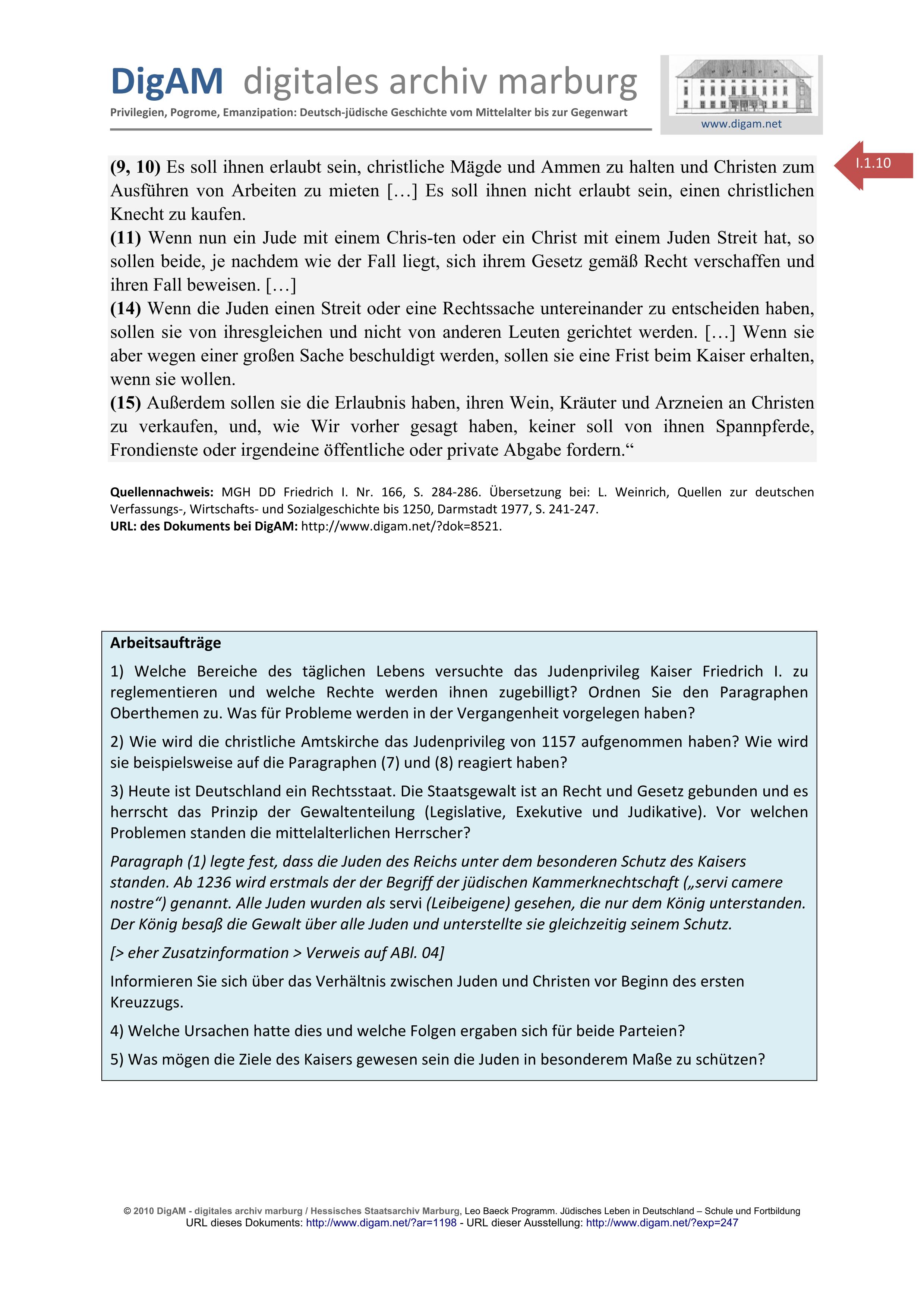Arbeitsblatt: Wormser Judenprivileg Kaiser Friedrich I. Barbarossas von 1157
