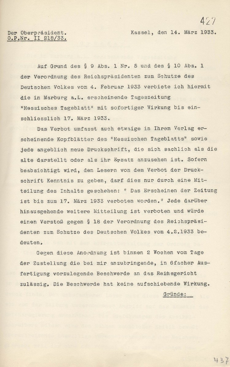 Verbot der Marburger Tageszeitung „Hessisches Tageblatt“