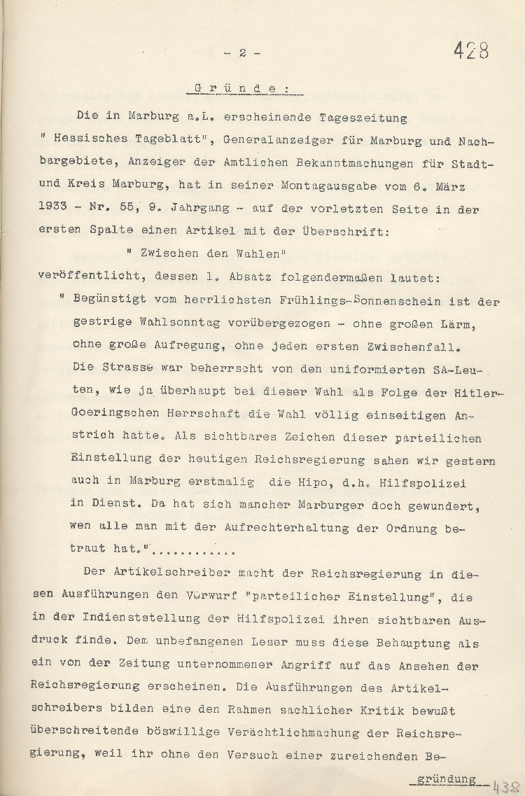 Verbot der Marburger Tageszeitung „Hessisches Tageblatt“