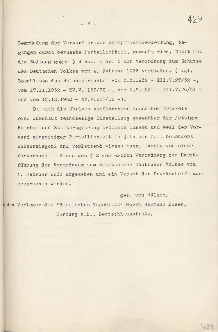 Verbot der Marburger Tageszeitung „Hessisches Tageblatt“
