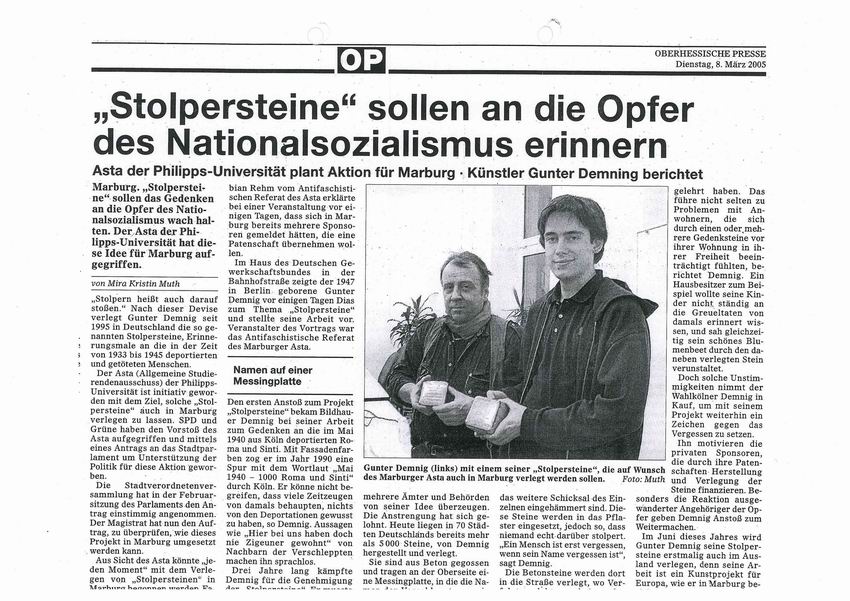 Zeitungsbericht der Oberhessischen Presse vom 8. März 2005 über die geplante Verlegung von "Stolpersteinen" in Marburg