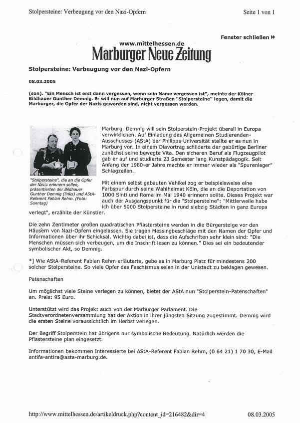 Zeitungsbericht der Marburger Neuen Zeitung vom 8. März 2005 über die geplante Verlegung von "Stolpersteinen" in Marburg