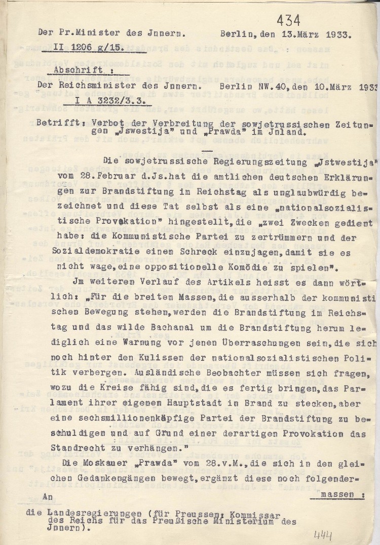 Verbot der Verbreitung der sowjetrussischen Zeitungen „Iswestija“ und „Prawda“ im Inland